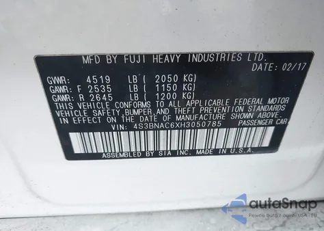 2017 Subaru Legacy 2.5I Premium z USA, uszkodzony, nr VIN 4S3BNAC6XH3050785